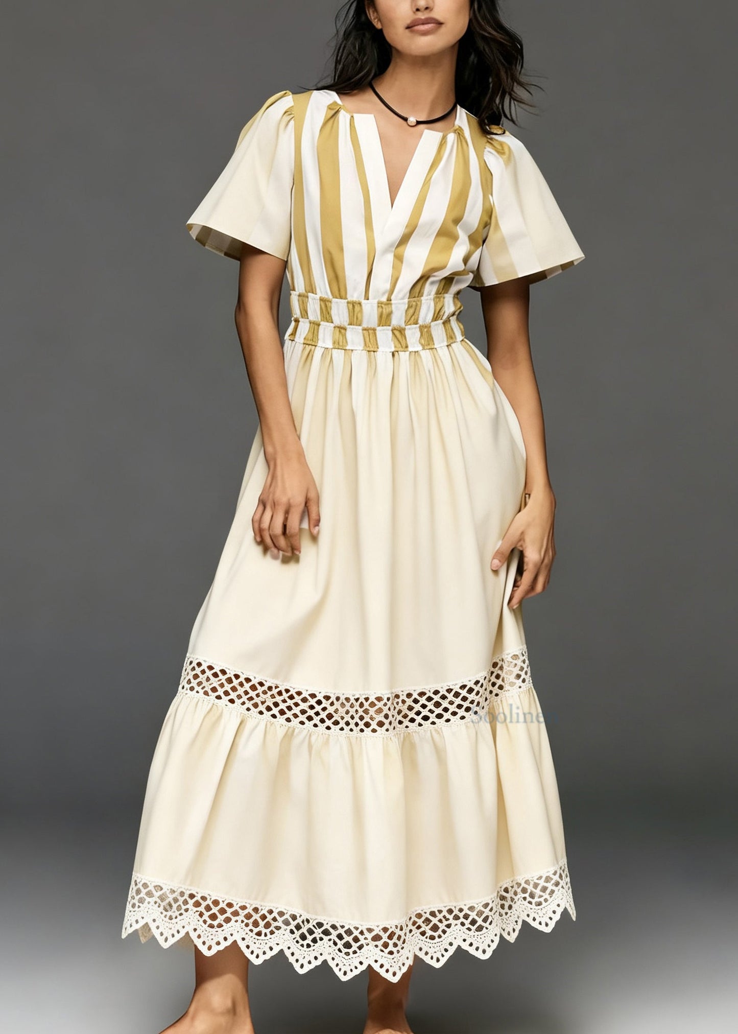 Casual Beige V Neck Hollow Out Patchwork Cotton Long Dresses Summer