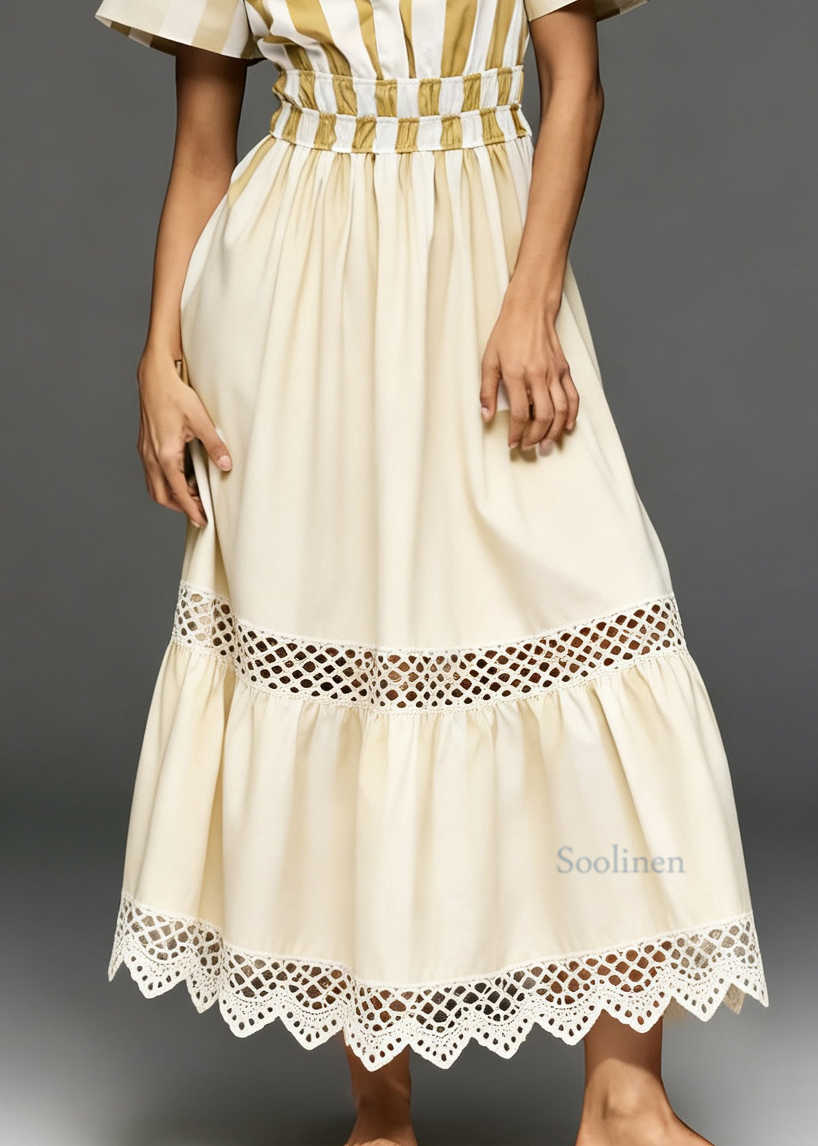 Casual Beige V Neck Hollow Out Patchwork Cotton Long Dresses Summer