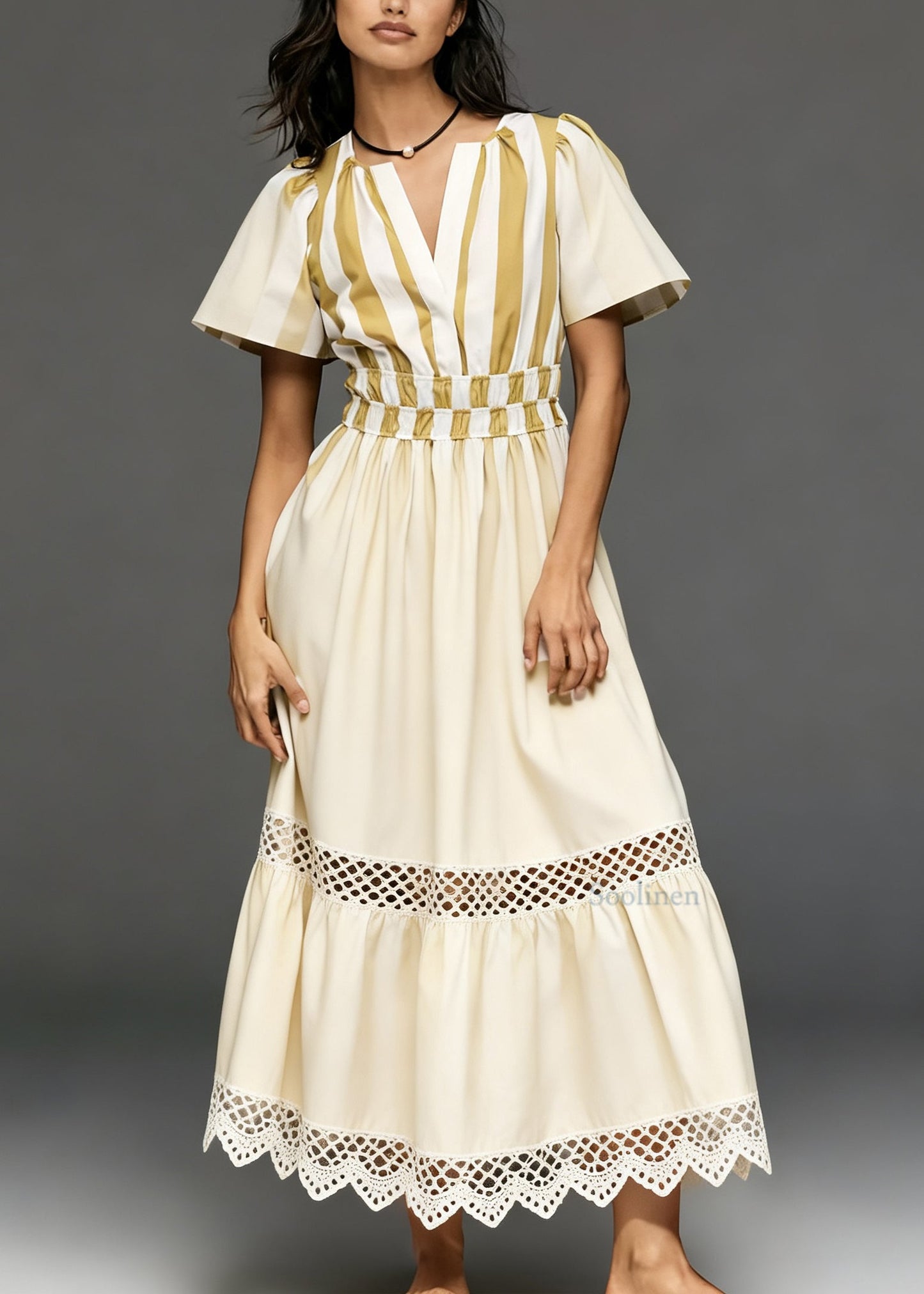Casual Beige V Neck Hollow Out Patchwork Cotton Long Dresses Summer