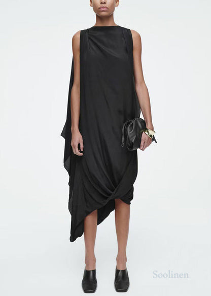 Casual Black Asymmetrical Silk Party Dresses Sleeveless
