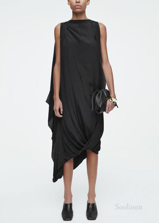 Casual Black Asymmetrical Silk Party Dresses Sleeveless