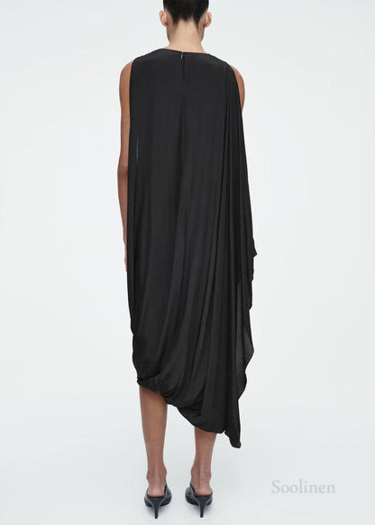 Casual Black Asymmetrical Silk Party Dresses Sleeveless