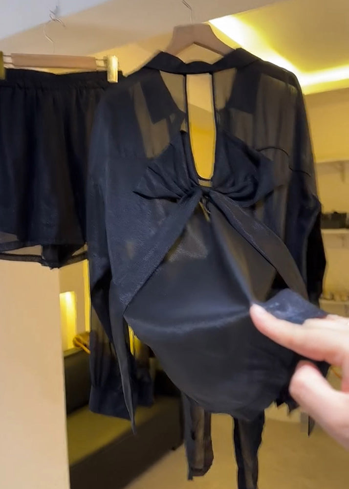 Casual Black Bow Backless Chiffon Sheer Blouses Summer