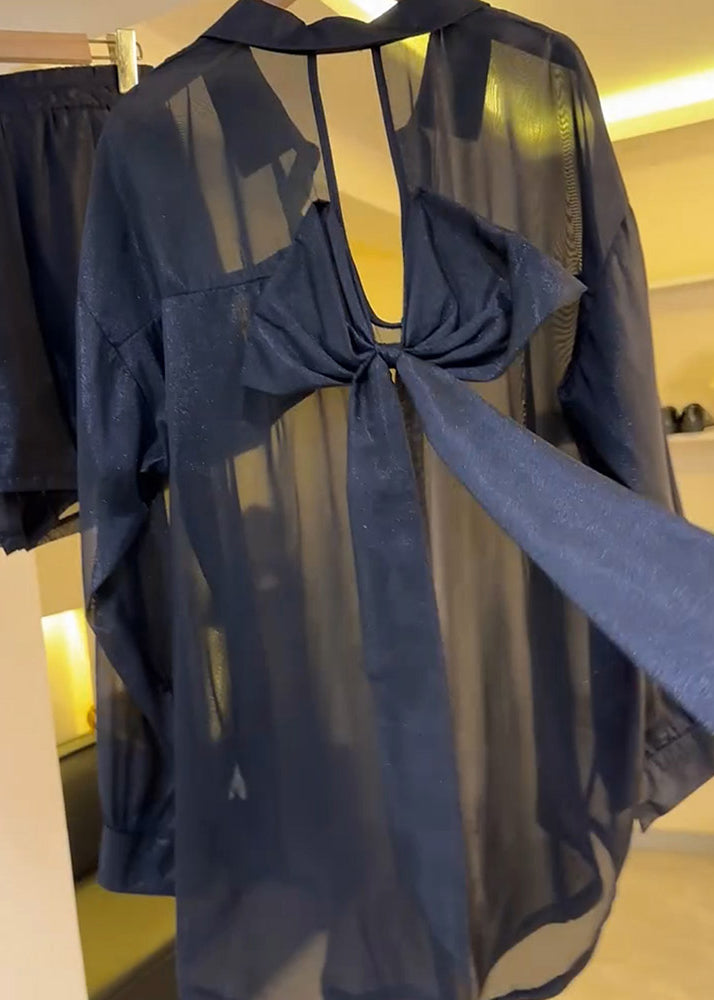 Casual Black Bow Backless Chiffon Sheer Blouses Summer