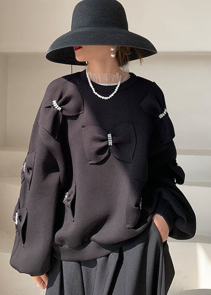 Lässiges schwarzes Sweatshirt aus Baumwolle mit Schleife, Frühling