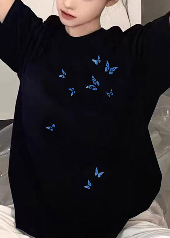 Casual Black Butterfly Print T Shirt Summer
