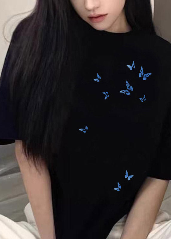 Casual Black Butterfly Print T Shirt Summer