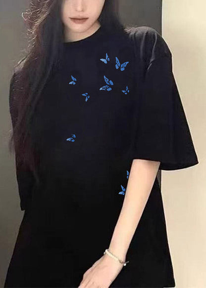 Casual Black Butterfly Print T Shirt Summer