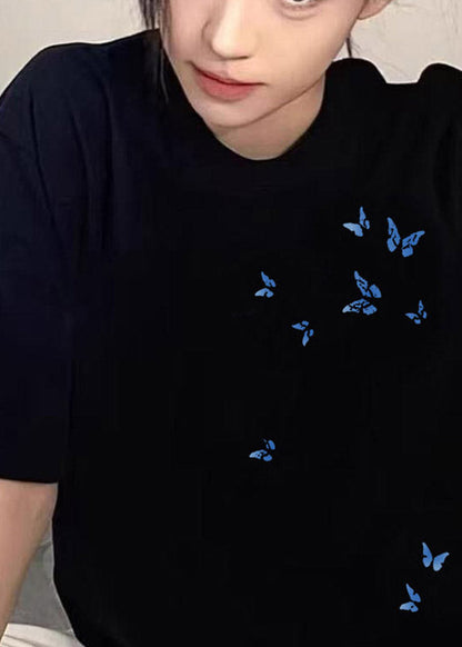 Casual Black Butterfly Print T Shirt Summer