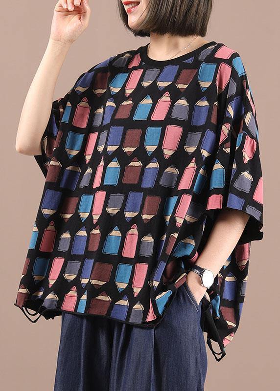 Casual Black Cotton O-Neck Print Summer Half Sleeve - SooLinen