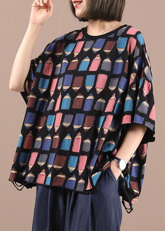 Casual Black Cotton O-Neck Print Summer Half Sleeve - SooLinen