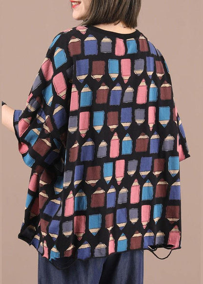 Casual Black Cotton O-Neck Print Summer Half Sleeve - SooLinen