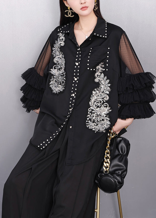 Casual Black Embroidered Rhinestone Shirt Bracelet Sleeve