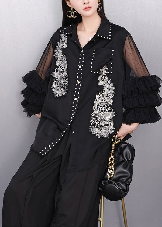 Casual Black Embroidered Rhinestone Shirt Bracelet Sleeve