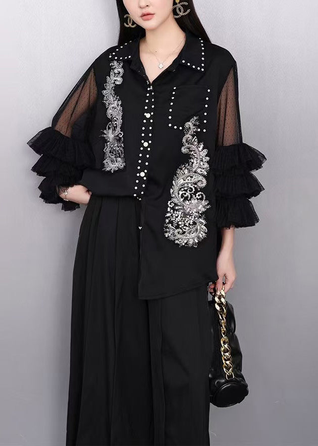 Casual Black Embroidered Rhinestone Shirt Bracelet Sleeve