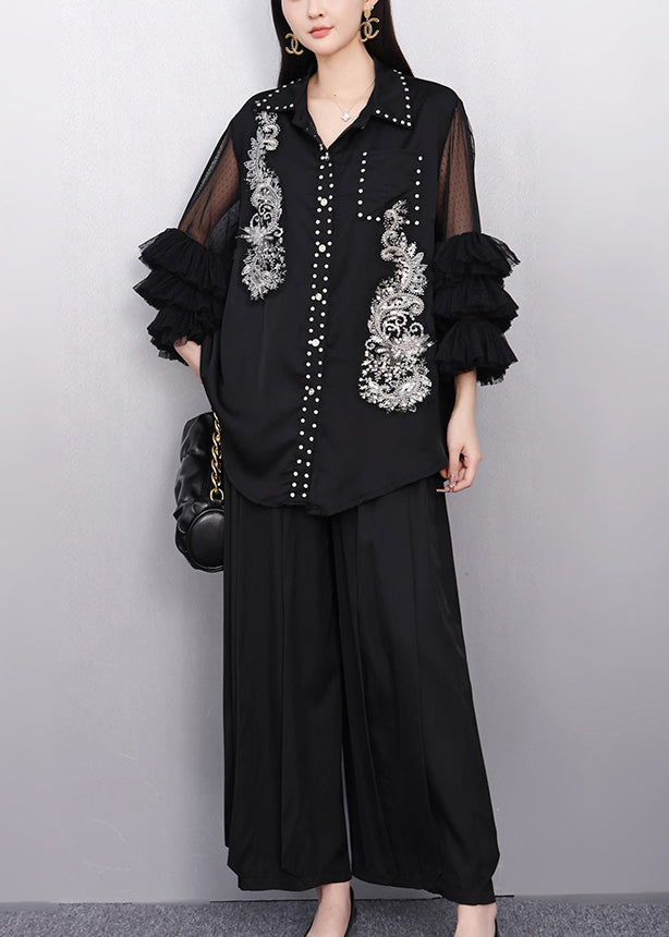 Casual Black Embroidered Rhinestone Shirt Bracelet Sleeve