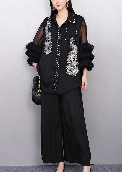 Casual Black Embroidered Rhinestone Shirt Bracelet Sleeve