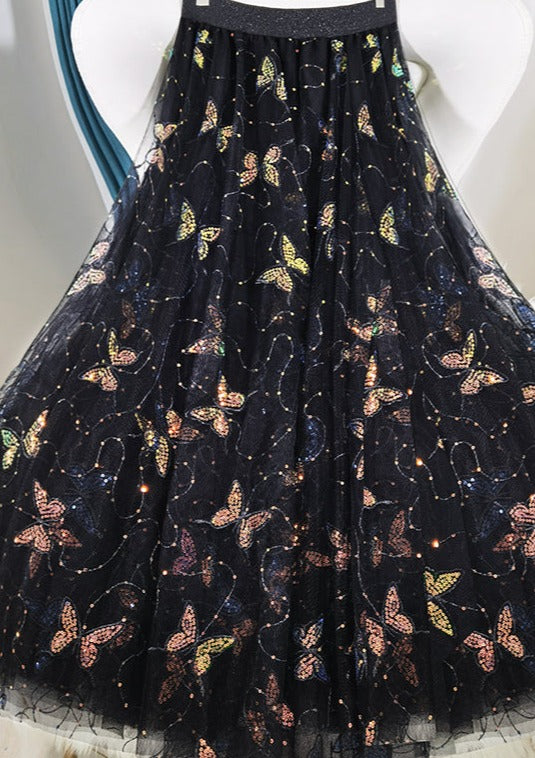 Lässige schwarze Stickerei Schmetterling Pailletten Tüll Sommerröcke