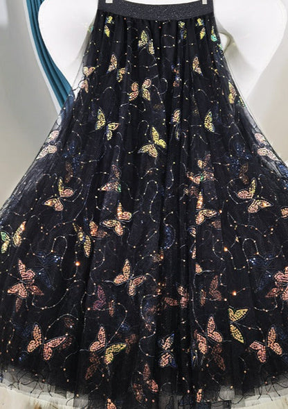 Lässige schwarze Stickerei Schmetterling Pailletten Tüll Sommerröcke