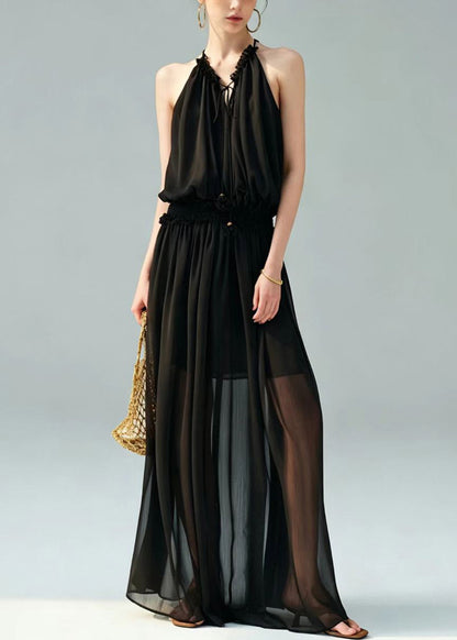 Casual Black Halter Cold Shoulder Chiffon Long Dress Summer