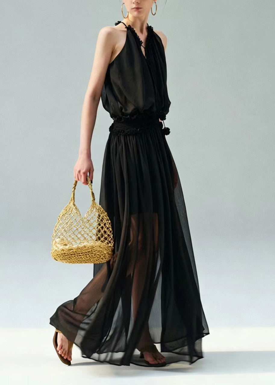 Casual Black Halter Cold Shoulder Chiffon Long Dress Summer
