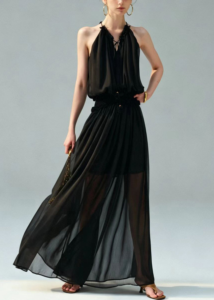 Casual Black Halter Cold Shoulder Chiffon Long Dress Summer