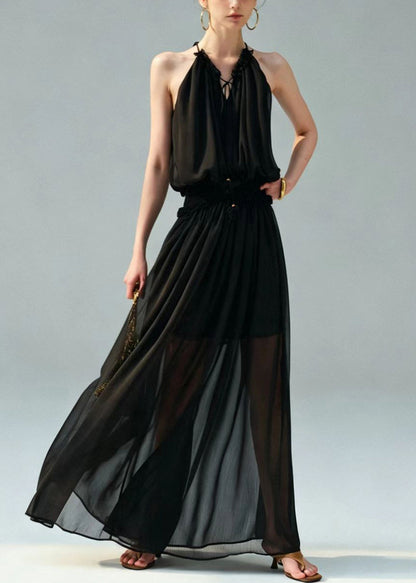 Casual Black Halter Cold Shoulder Chiffon Long Dress Summer