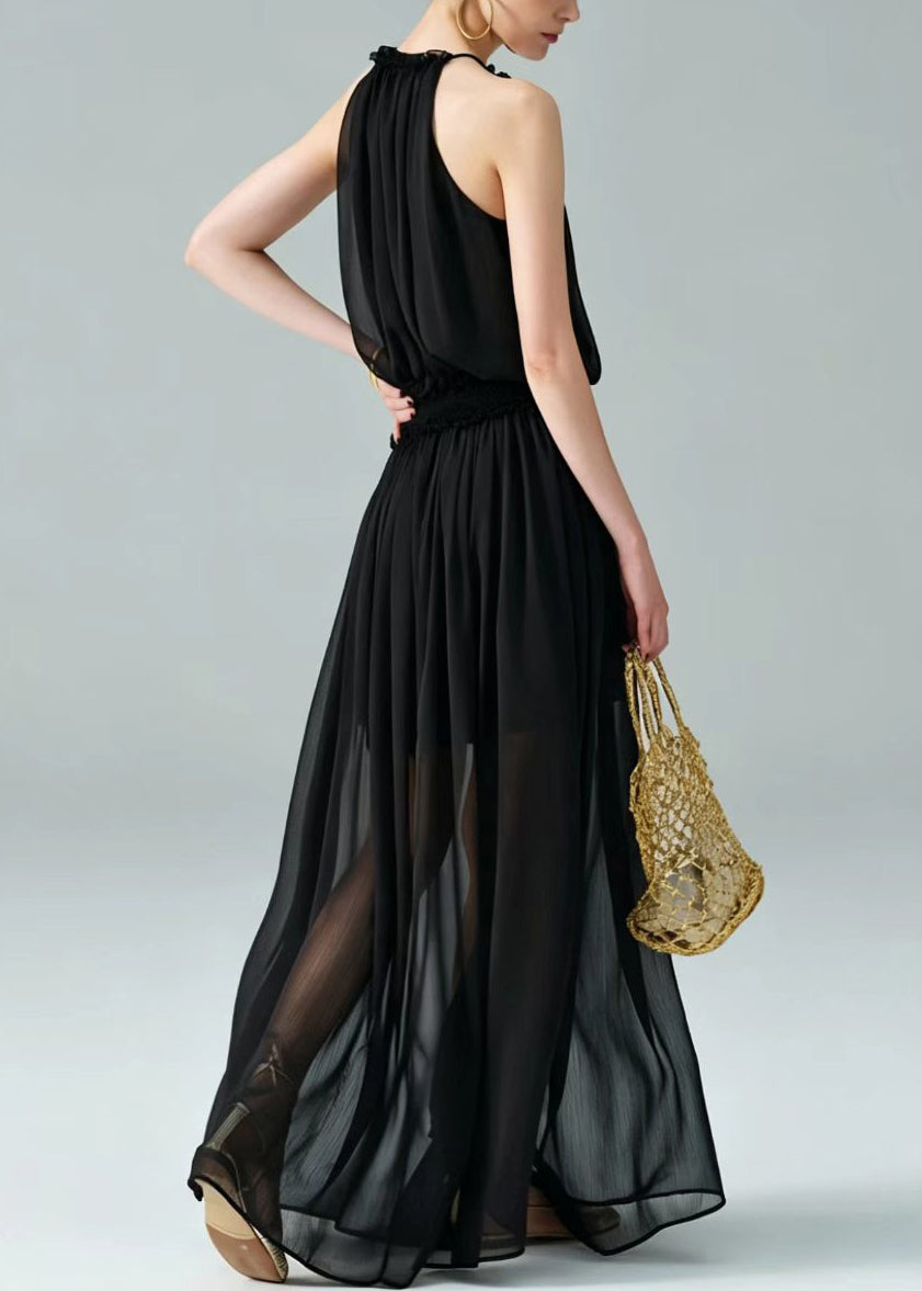 Casual Black Halter Cold Shoulder Chiffon Long Dress Summer