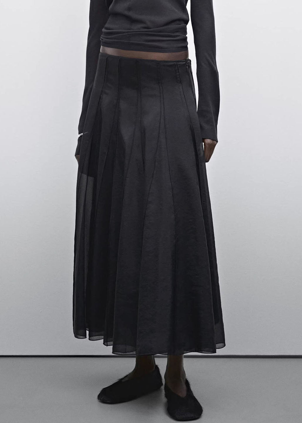 Faldas casuales negras de cintura alta con patchwork y tul drapeado en forma de A