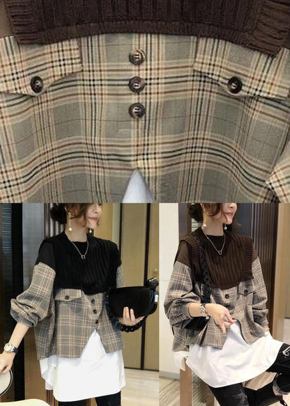 Lässiges schwarzes Strick-Patchwork-Karo-Langarmhemd für den Herbst