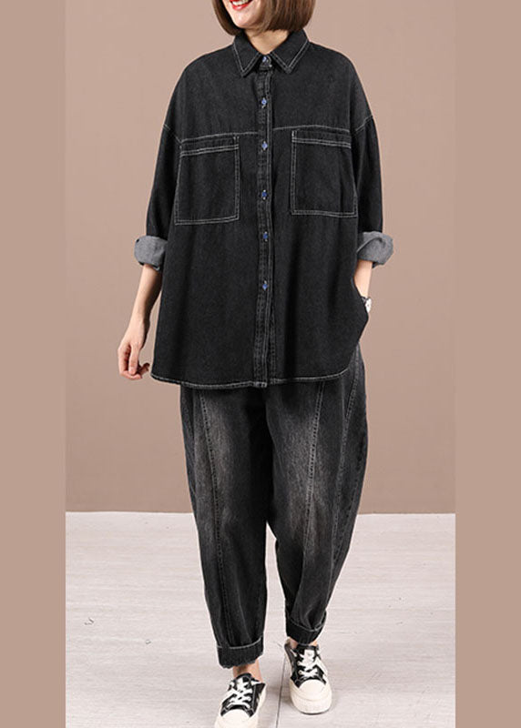 Lässiger schwarzer lockerer lässiger Denim-Herbstmantel mit langen Ärmeln