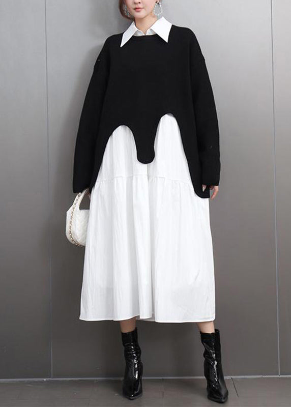 Casual Black O-Neck Asymmetrical Cotton Knitted Sweaters Fall