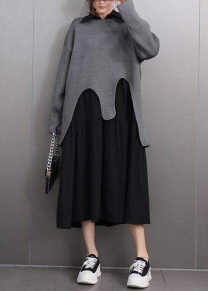 Casual Black O-Neck Asymmetrical Cotton Knitted Sweaters Fall