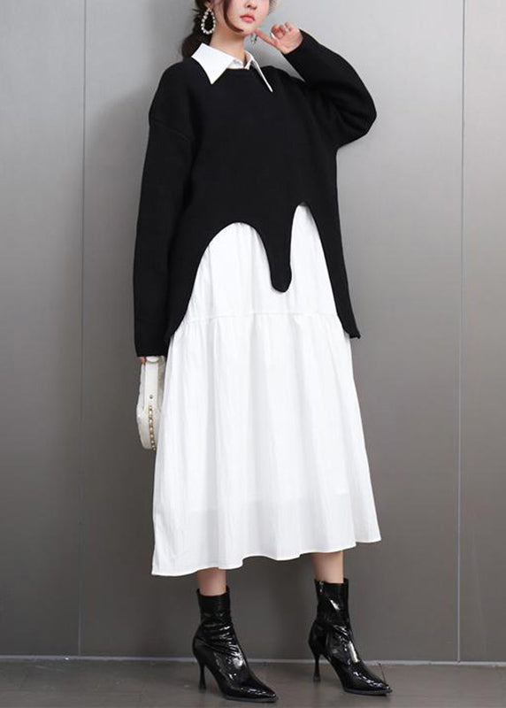 Casual Black O-Neck Asymmetrical Cotton Knitted Sweaters Fall
