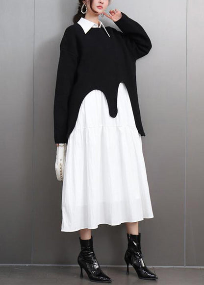 Casual Black O-Neck Asymmetrical Cotton Knitted Sweaters Fall