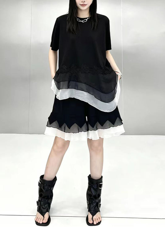 Casual Black O-Neck Asymmetrical Patchwork Top And Wide Leg shorts Two Piece Suit Set Summer