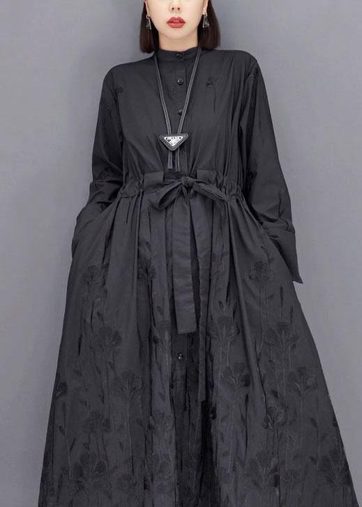 Casual Black O-Neck Button Maxi Dresses Fall Long Sleeve - SooLinen