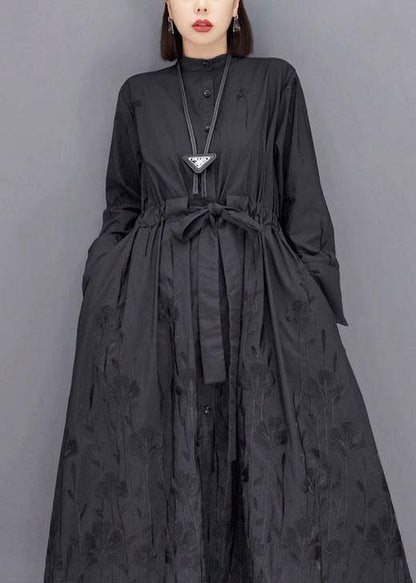 Casual Black O-Neck Button Maxi Dresses Fall Long Sleeve - SooLinen