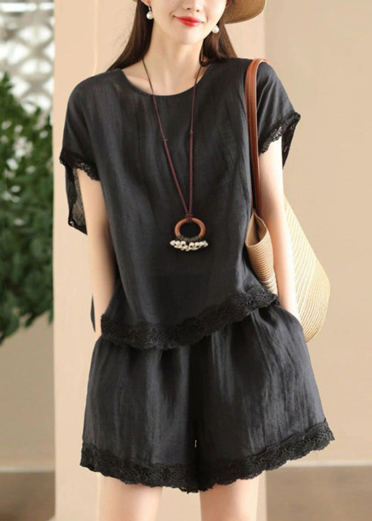 Casual Black O Neck Patchwork Cotton Women Sets 2 Pieces Summer
