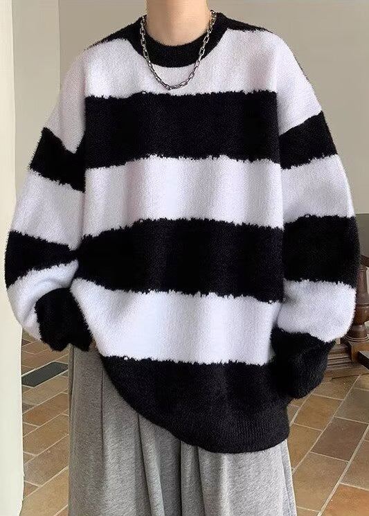 Casual Black O Neck Striped Knit Mens Sweater Winter