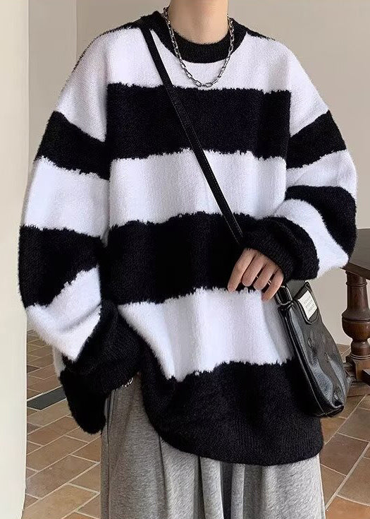 Casual Black O Neck Striped Knit Mens Sweater Winter