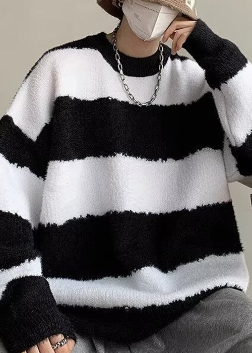 Casual Black O Neck Striped Knit Mens Sweater Winter