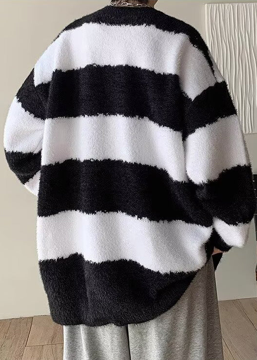 Casual Black O Neck Striped Knit Mens Sweater Winter