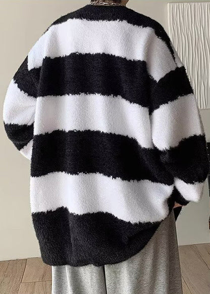 Casual Black O Neck Striped Knit Mens Sweater Winter