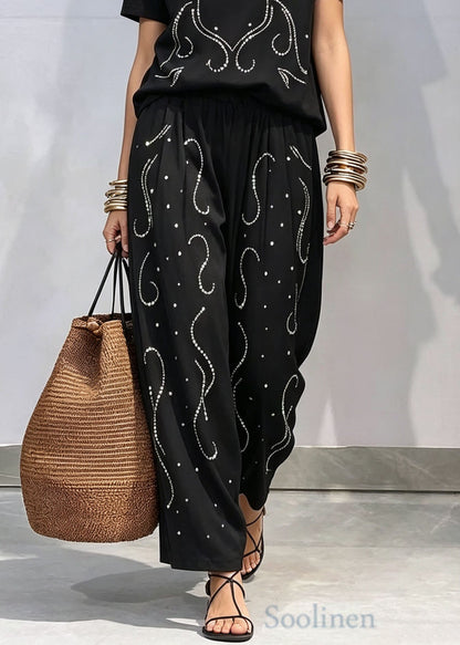 Casual Black O-Neck Zircon Top And Pants Cotton Two-Piece Set Summer
