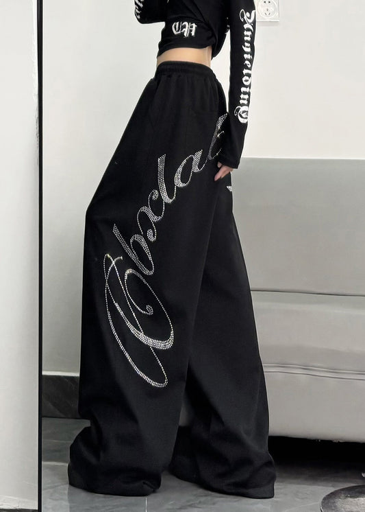 Casual Black Oversized Letter Zircon Cotton Wide Leg Pants Spring