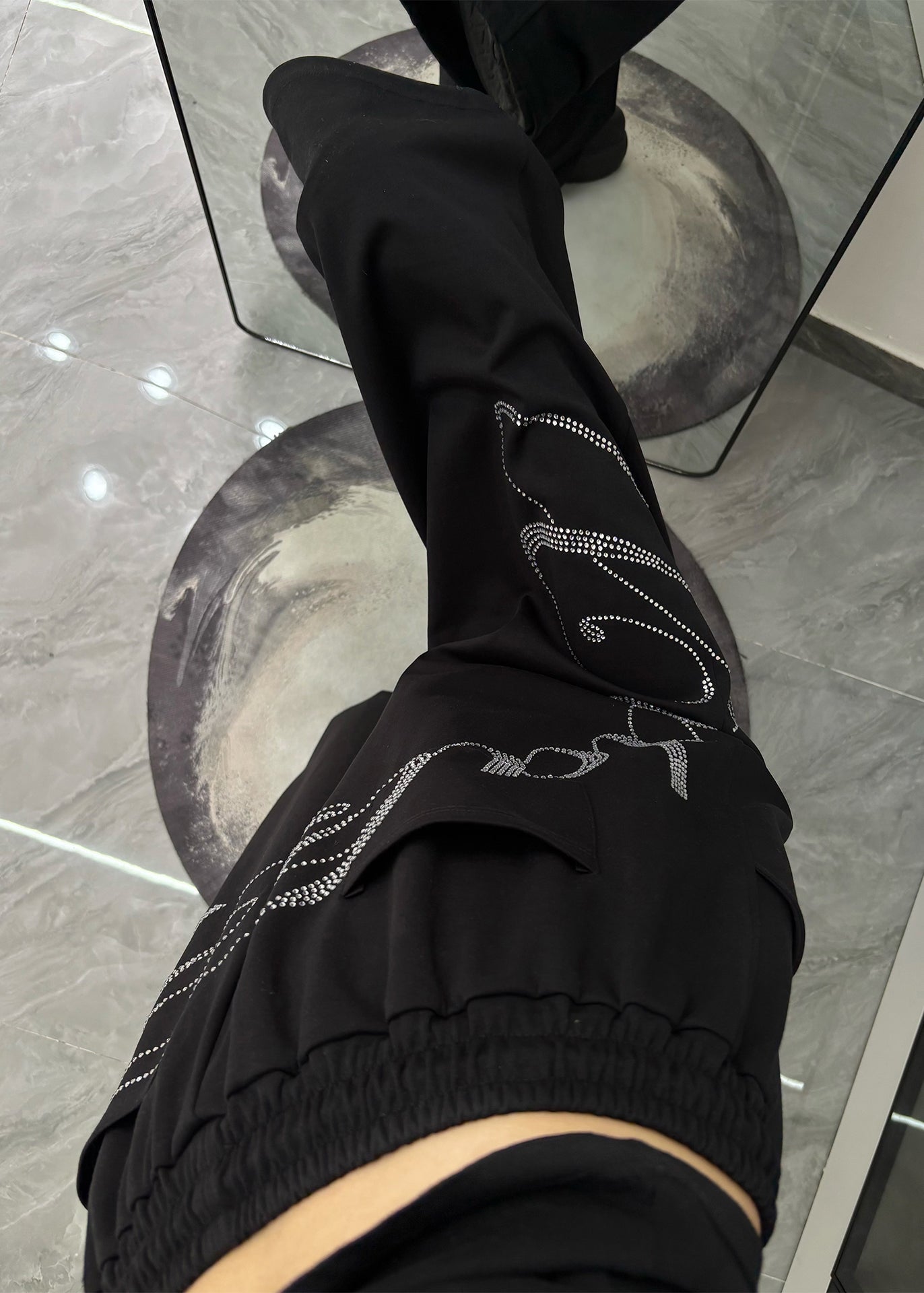 Casual Black Oversized Letter Zircon Cotton Wide Leg Pants Spring