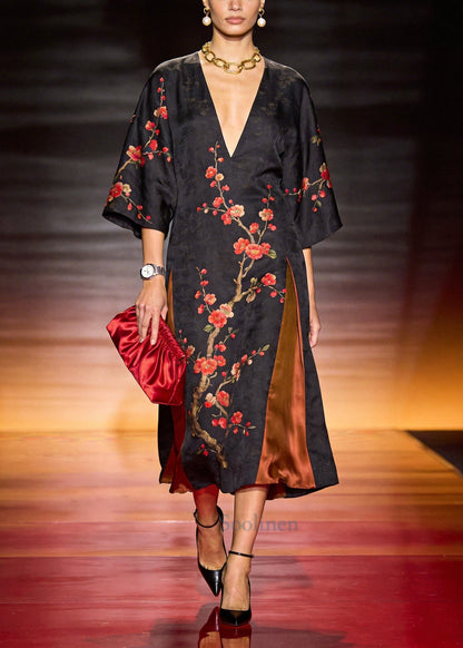 Casual Black Oversized Patchwork Print Silk Long Dresses Summer