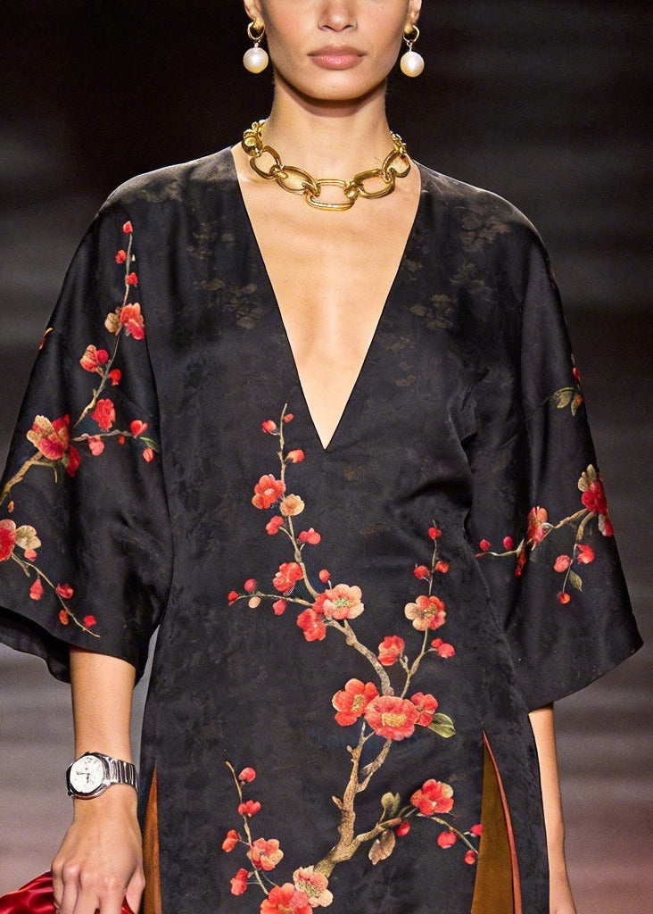 Casual Black Oversized Patchwork Print Silk Long Dresses Summer