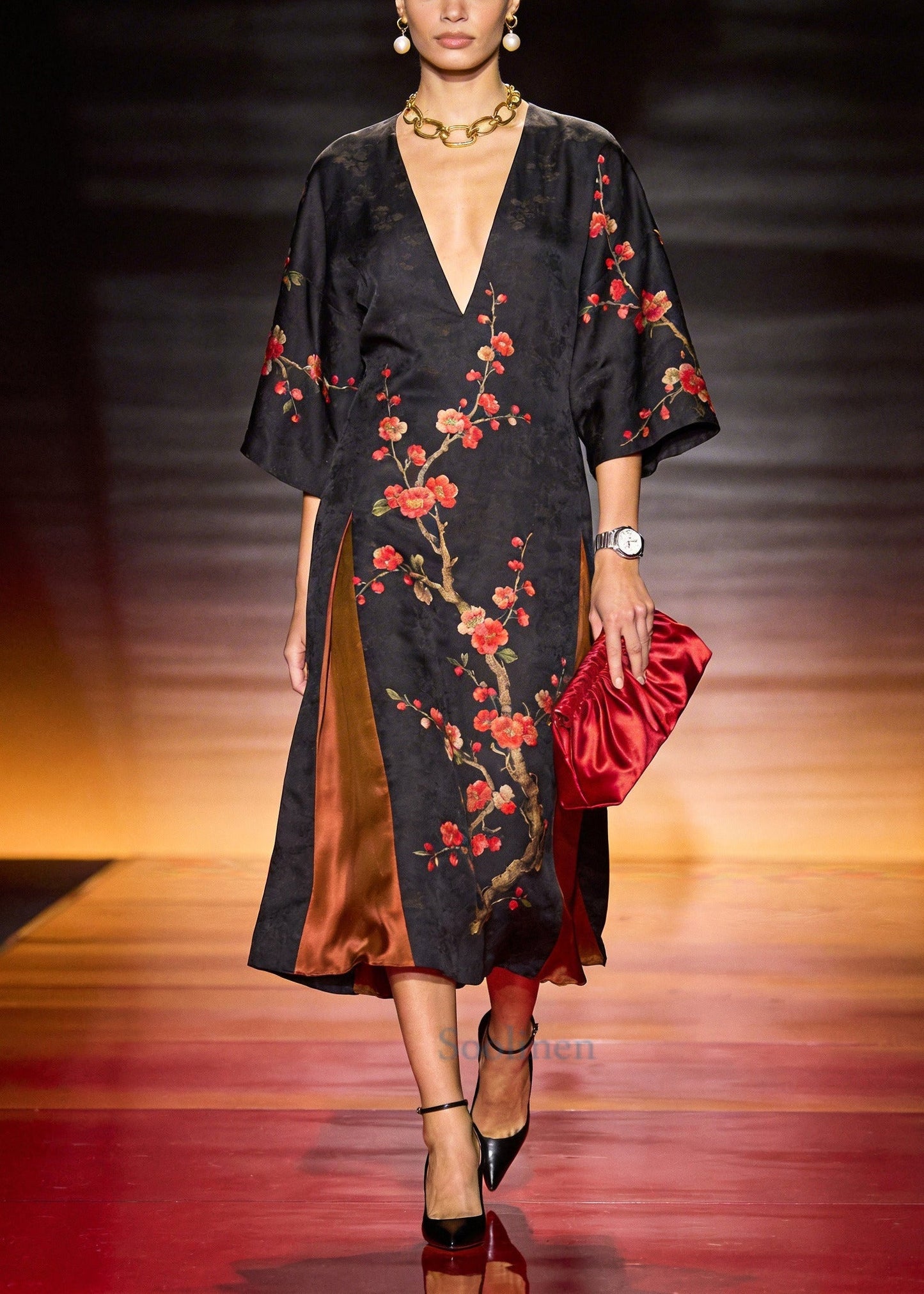Casual Black Oversized Patchwork Print Silk Long Dresses Summer
